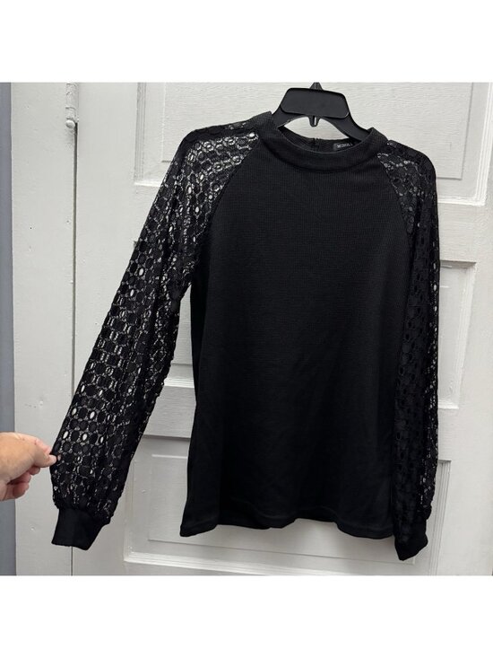 MIHOLL Tops - Miholl Black Waffle Knit Top Womens S Lace Sleeve Mock Neck Long Sleeve Casual